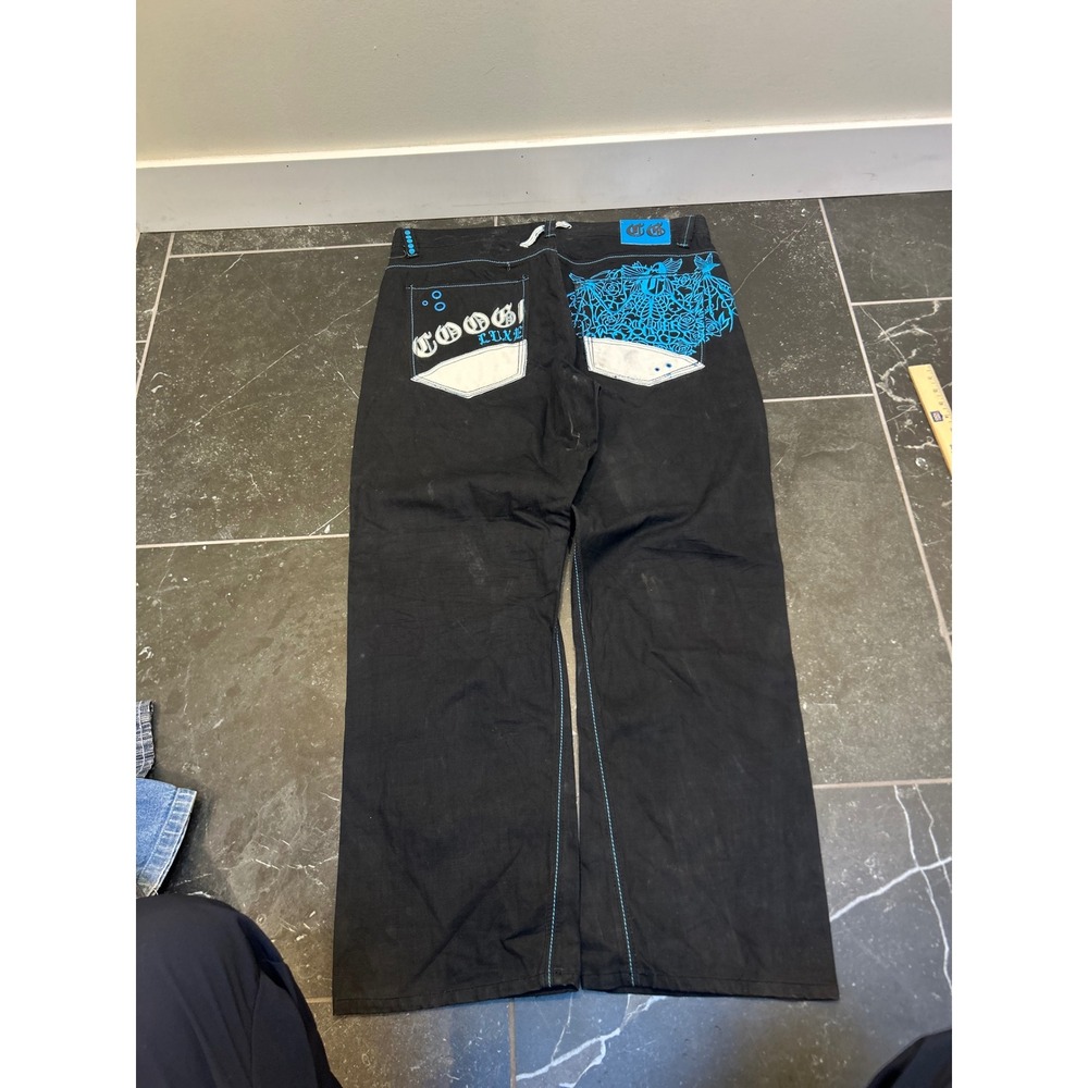 Coogi Luxe Mens Black Denim Jeans Y2K Baggy Turquoise Embroidery W44 L35 Hip Hop